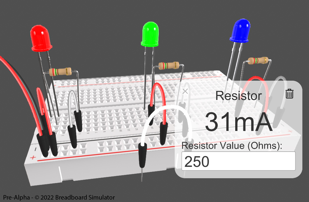 Slide Image - three sets of coloured LEDs and resistors wired together on Breadboard Simulator's virtual breadboard