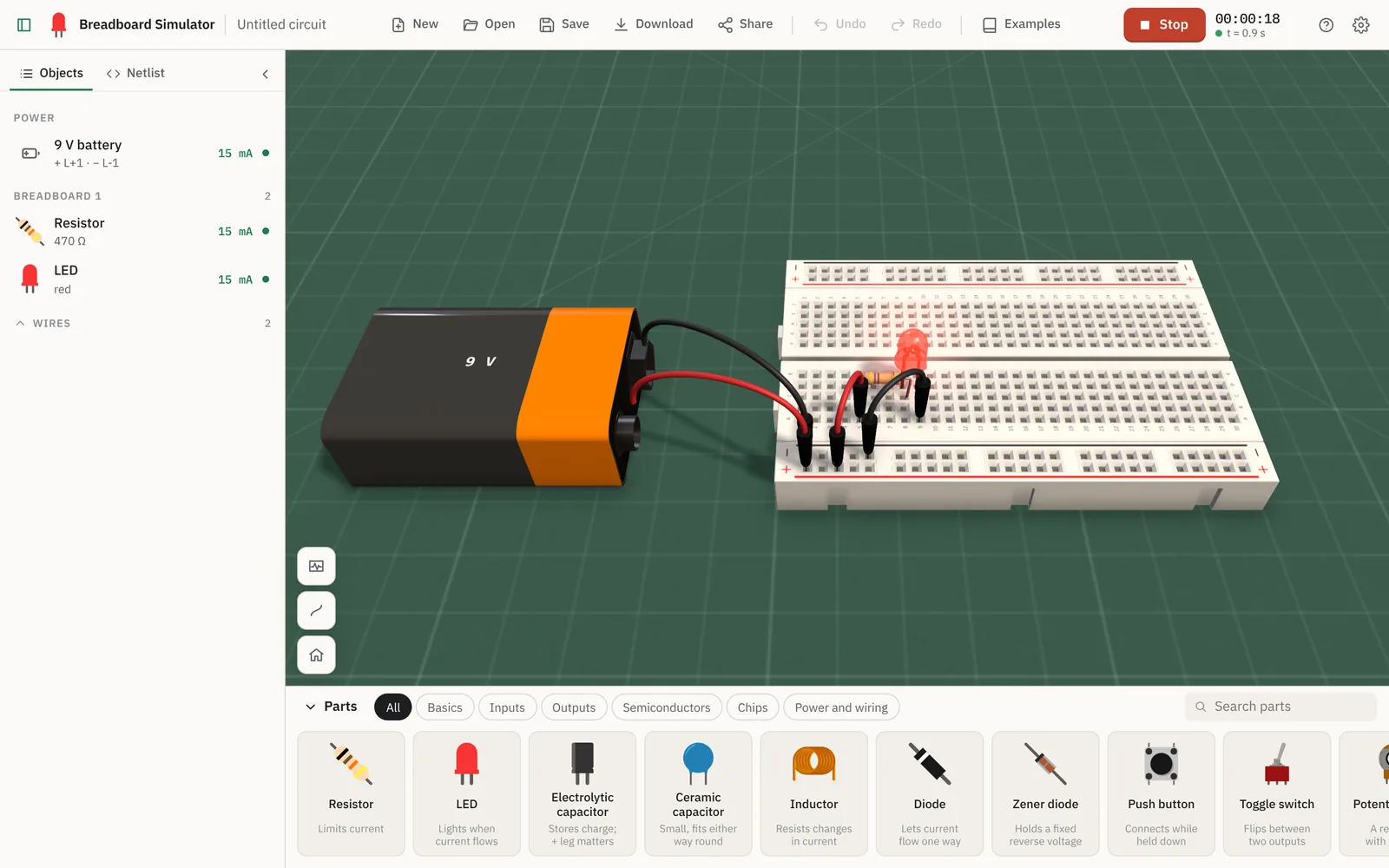 Breadboard Simulator on a laptop, running a simple LED circuit